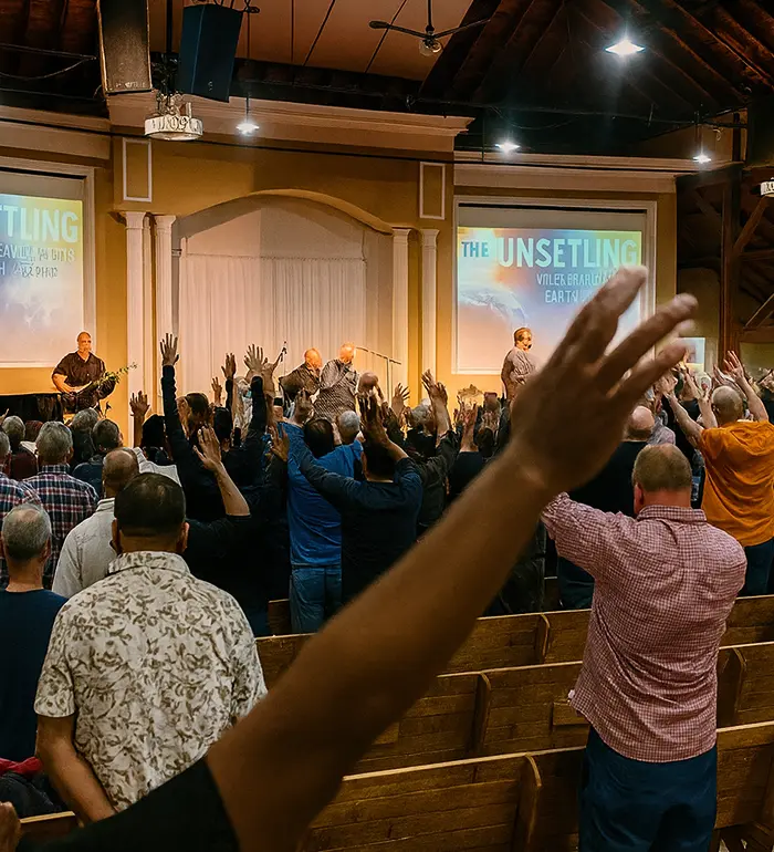 Worship service and music team inside First Baptist Church Port Hope
