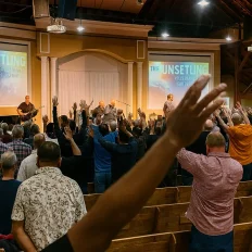 Worship service and music team inside First Baptist Church Port Hope